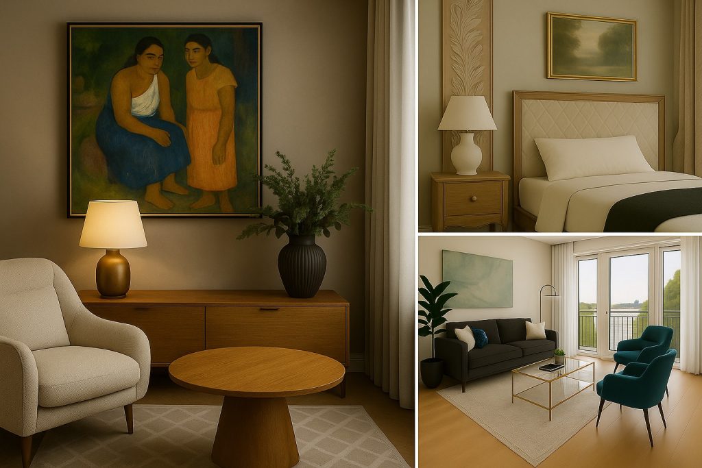 Interior design projects featuring a serene bedroom, cozy reading nook with framed artwork, and a sunlit living room overlooking a river — styled by Loewner & Co