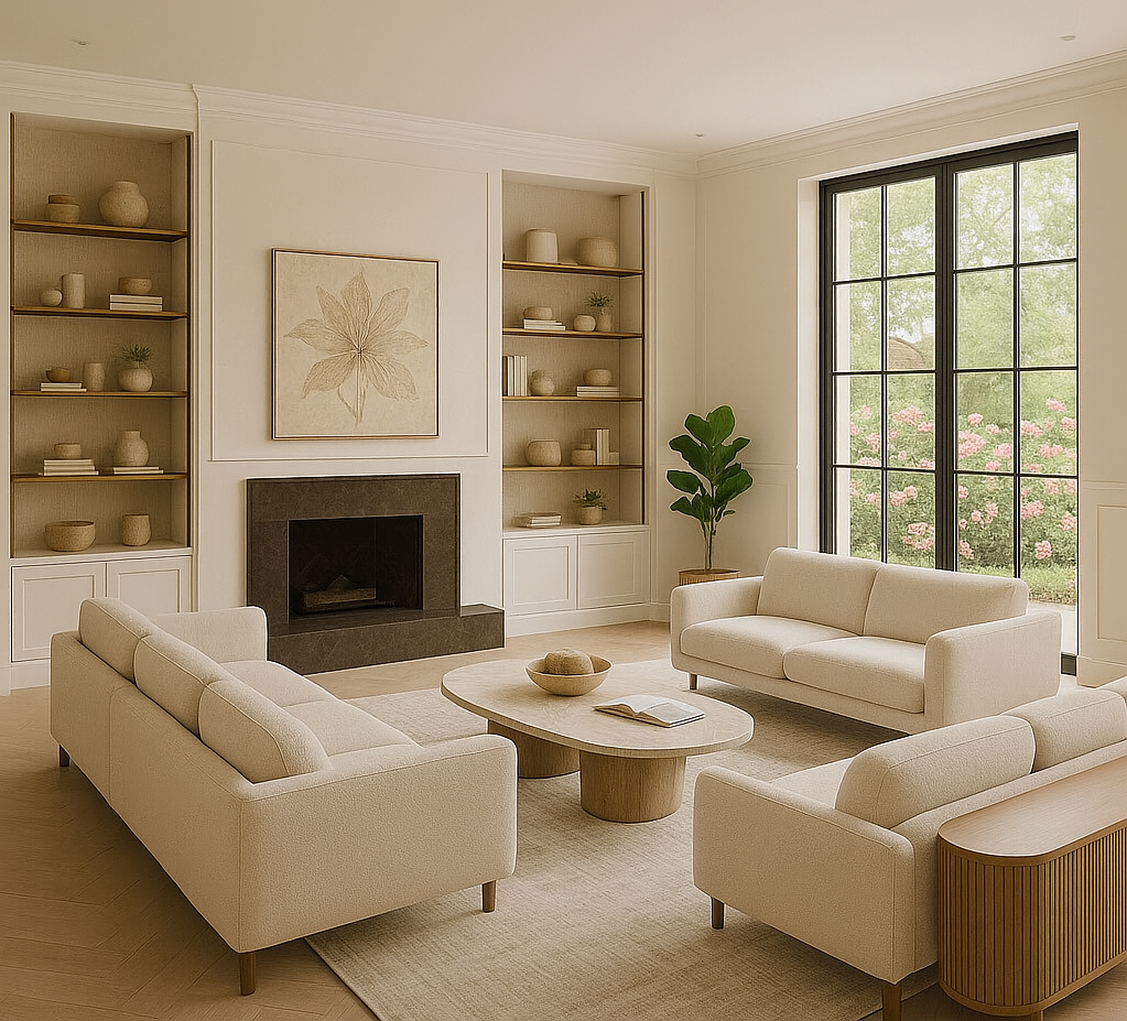 Refined living room with cream sofas, stone fireplace, open shelving and large black-framed windows — a Hampstead design by Loewner & Co