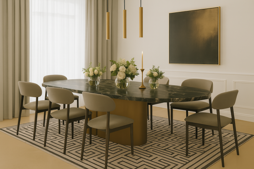 Warm, modern dining room with mid-century furniture, earth tones, and natural light — designed by Loewner & Co, a contemporary interior design studio