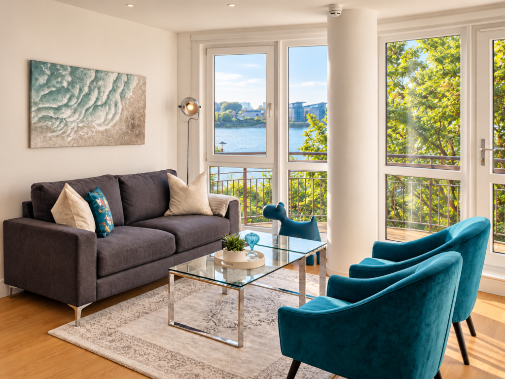 Contemporary living room with dark sofa, teal velvet chairs, gold coffee table, and river view through French doors — a Loewner & Co design