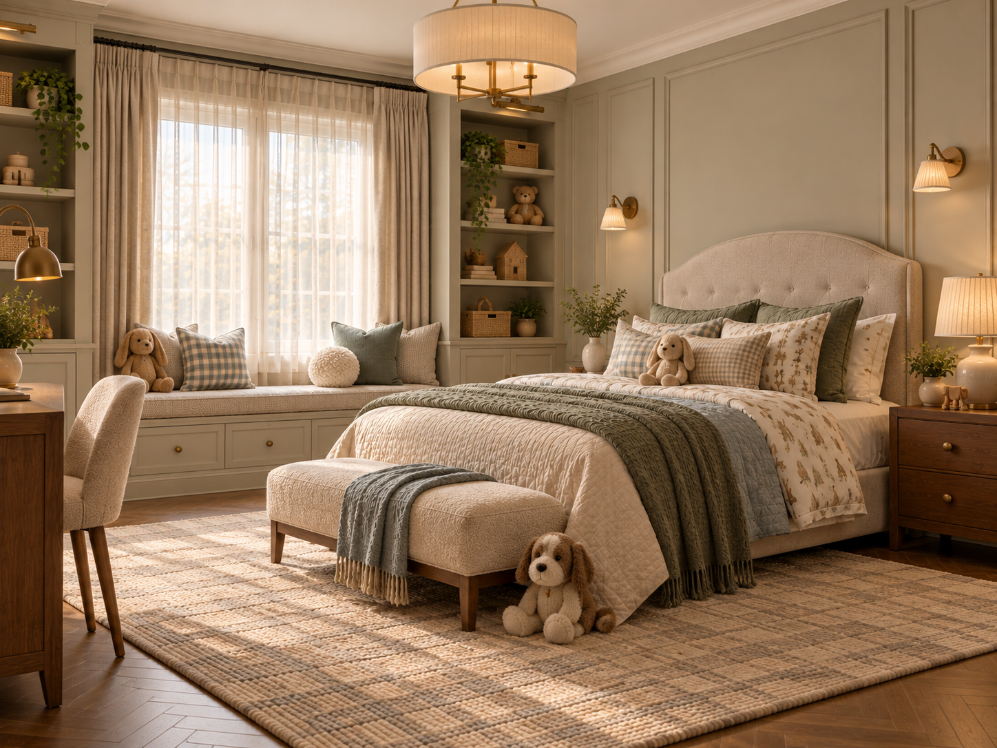 Elegant child's bedroom with wall detailing, soft neutral palette, classic wood furnishings, designed by Loewner & Co