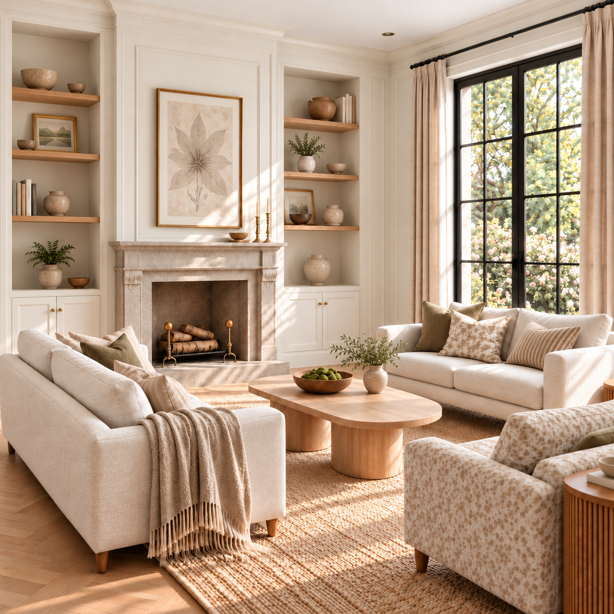 Refined living room with cream sofas, stone fireplace, open shelving and large black-framed windows — a Hampstead design by Loewner & Co