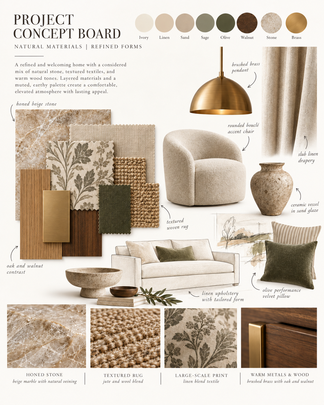 Interior design board for Hampstead project featuring neutral materials, lighting, furniture details, and carved wood motifs — curated by Loewner & Co