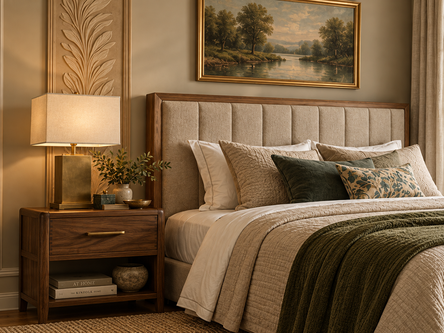 Close-up of carved headboard, ceramic lamp, and wood nightstand in a serene bedroom setting — Loewner & Co design