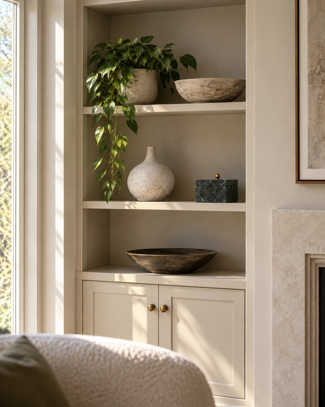 Minimalist shelf styling with handcrafted ceramics and neutral-toned books — Hampstead project by Loewner & Co