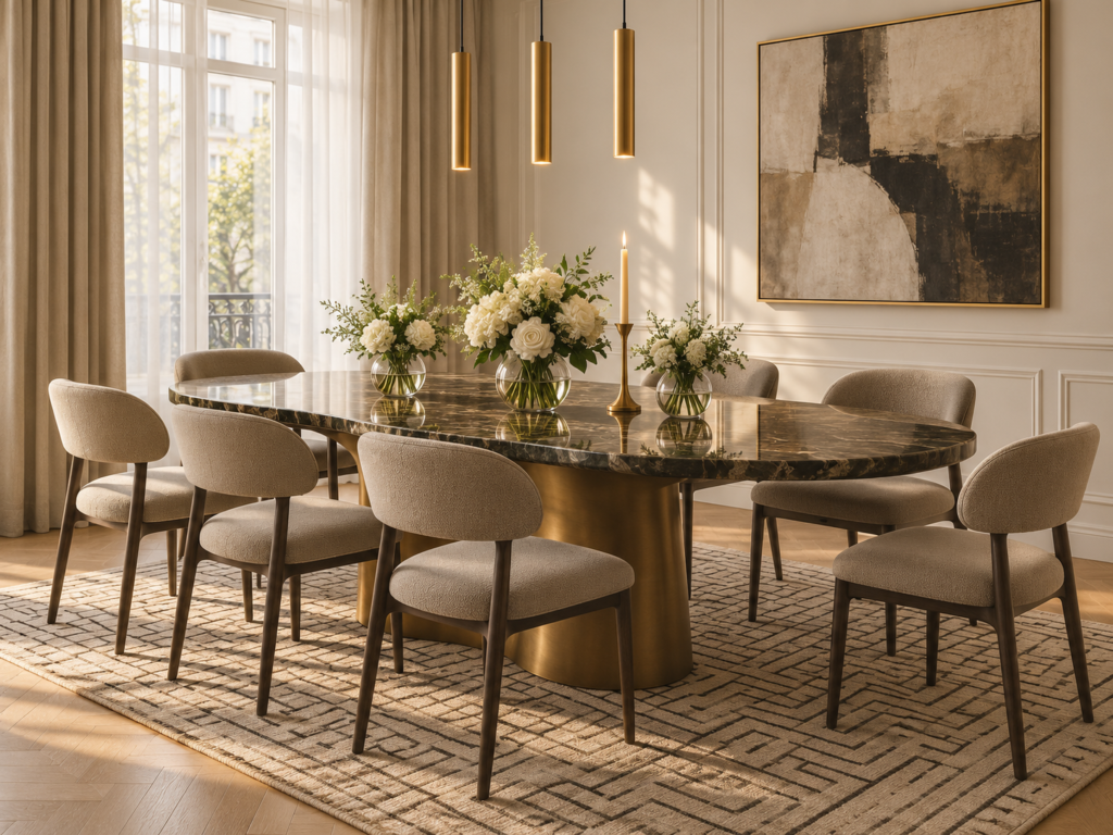 Warm, modern dining room with mid-century furniture, earth tones, and natural light — designed by Loewner & Co, a contemporary interior design studio