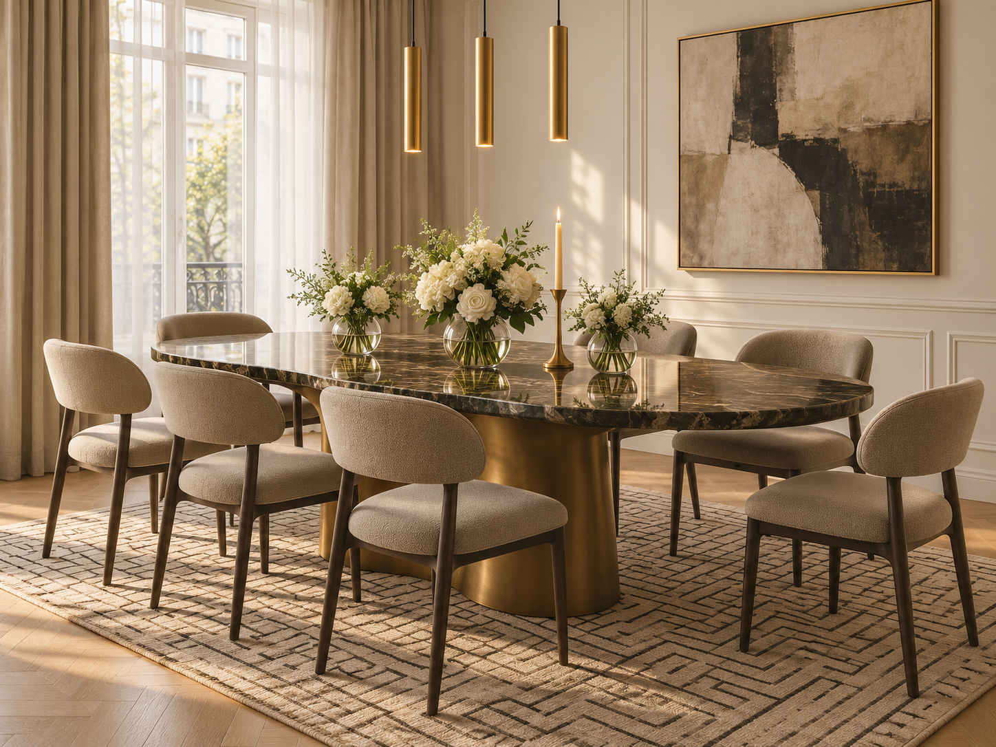 Warm, modern dining room with mid-century furniture, earth tones, and natural light — designed by Loewner & Co, a contemporary interior design studio