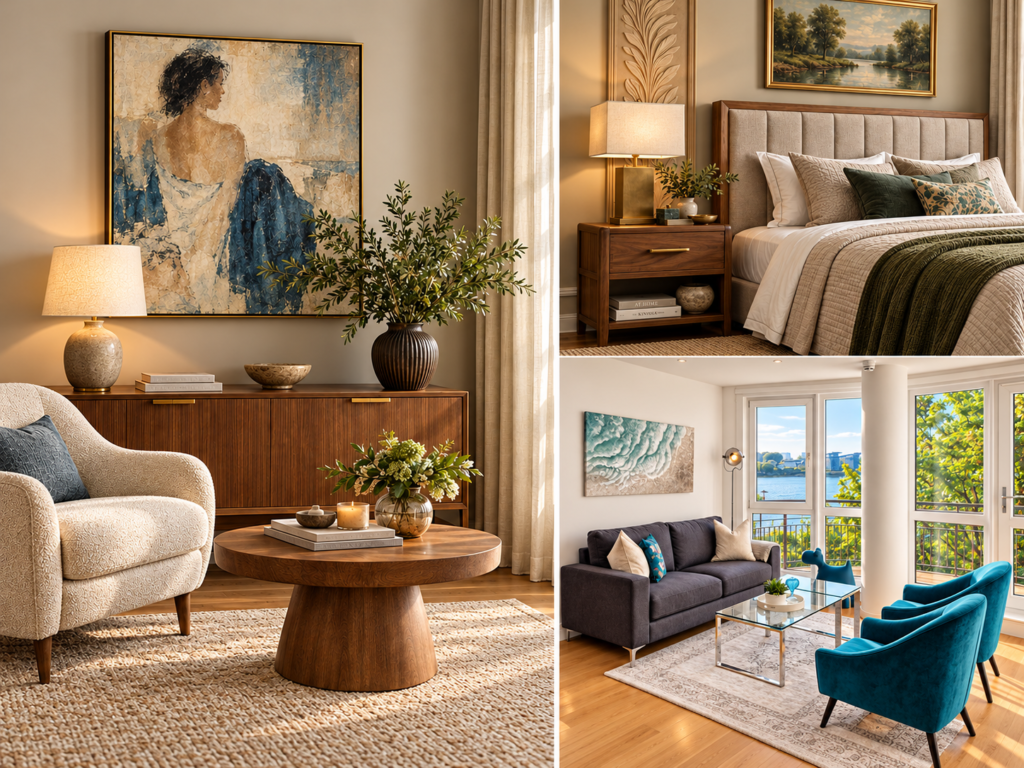 Interior design projects featuring a serene bedroom, cozy reading nook with framed artwork, and a sunlit living room overlooking a river — styled by Loewner & Co